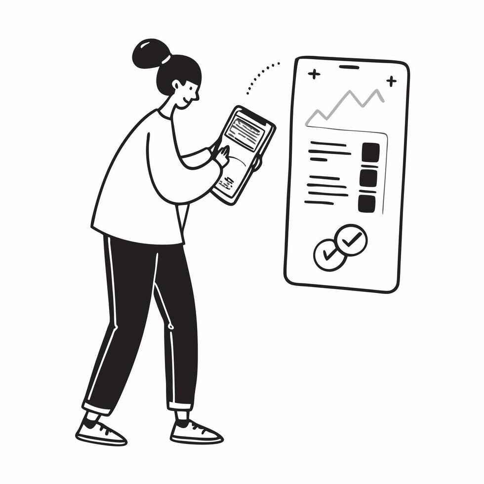 Person Using Financial Tracker on Phone concept as A person using a financial tracker on their phone with a plain background providing space for text or graphics in Photo Stock Co pure vector