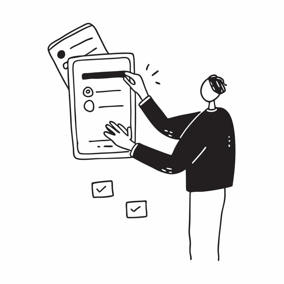 Person Using Loan Management App on Tablet concept as A person using a loan management app on their tablet with a plain background offering ample space for text or graphics in Pho pure vector