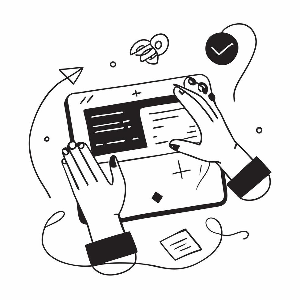 Person Using Tablet with Abstract Interface concept as A person using a tablet with a glossy abstract digital interface emphasizing creativity and modern technology in remote work pure vector