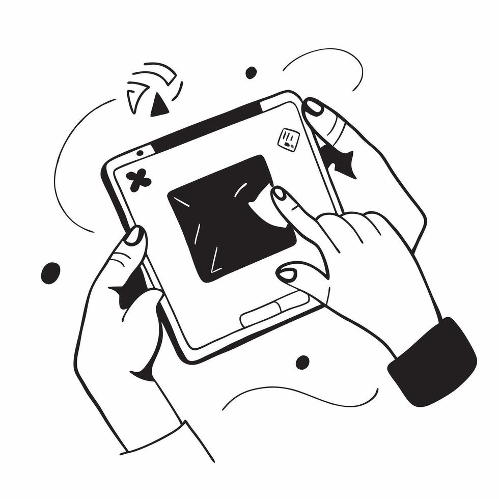 Person Using Tablet with Glossy Abstract Interface concept as A person using a tablet with a glossy abstract digital interface emphasizing creativity and modern technology in remot pure vector