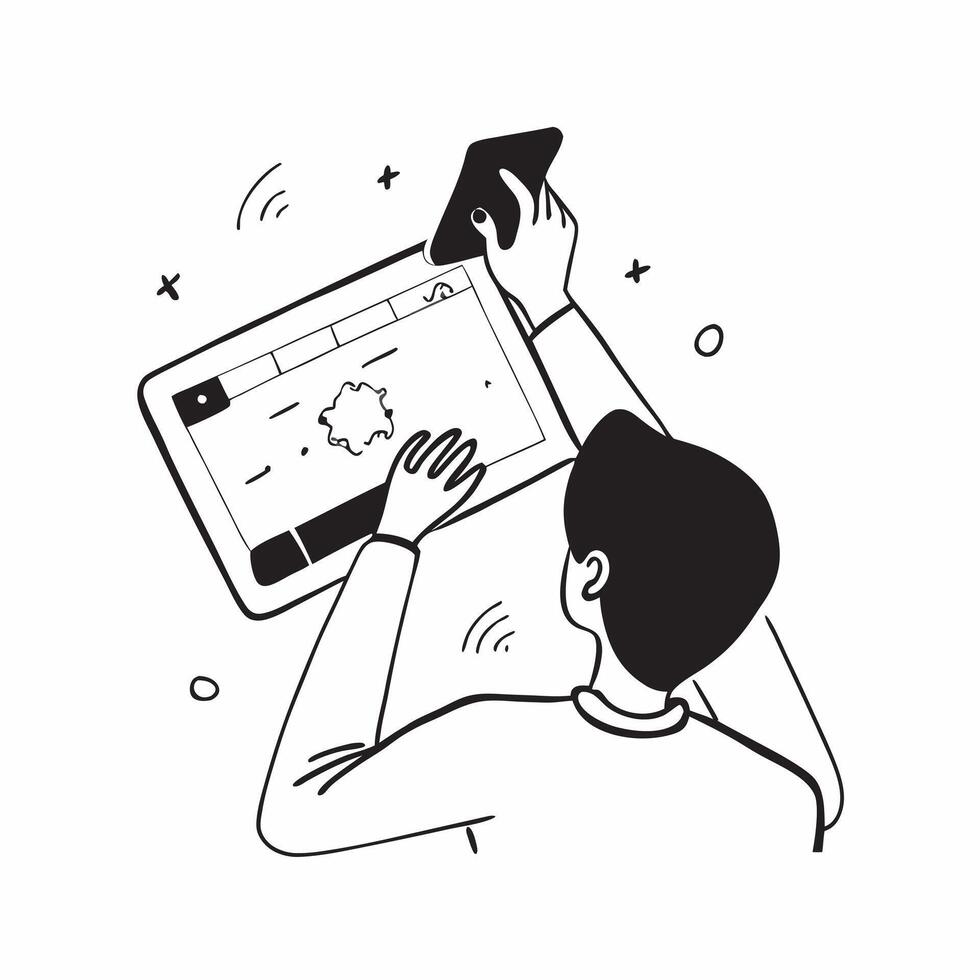 Person Using Tablet with Glossy Abstract Interface concept as A person using a tablet with a glossy abstract digital interface emphasizing creativity and modern technology in remot pure Set 3 vector