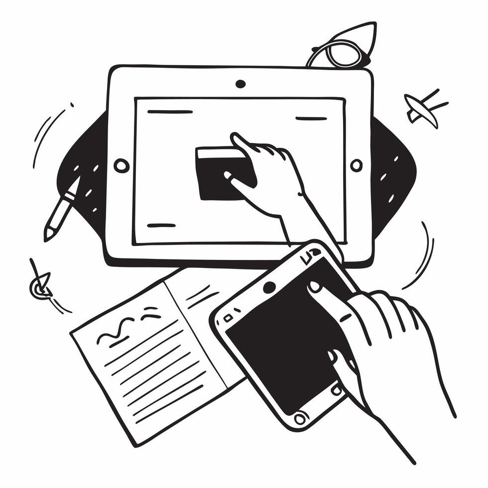 Person Using Tablet with Abstract Interface concept as A person using a tablet with a glossy abstract digital interface emphasizing creativity and modern technology in remote work pure Set 4 vector