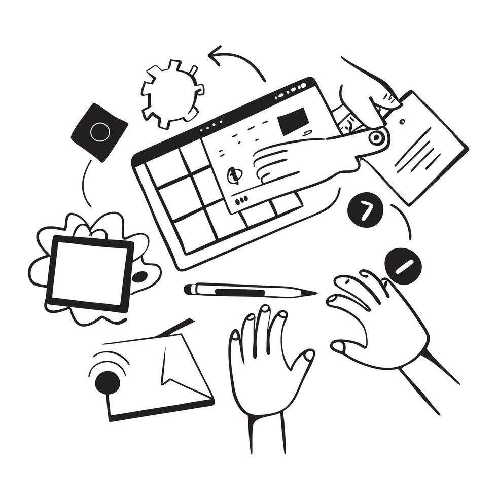 Person with Computer and Office Supplies for IT Service concept as A person using a computer with office supplies around set against a blank background providing space for text or pure Set 6 vector