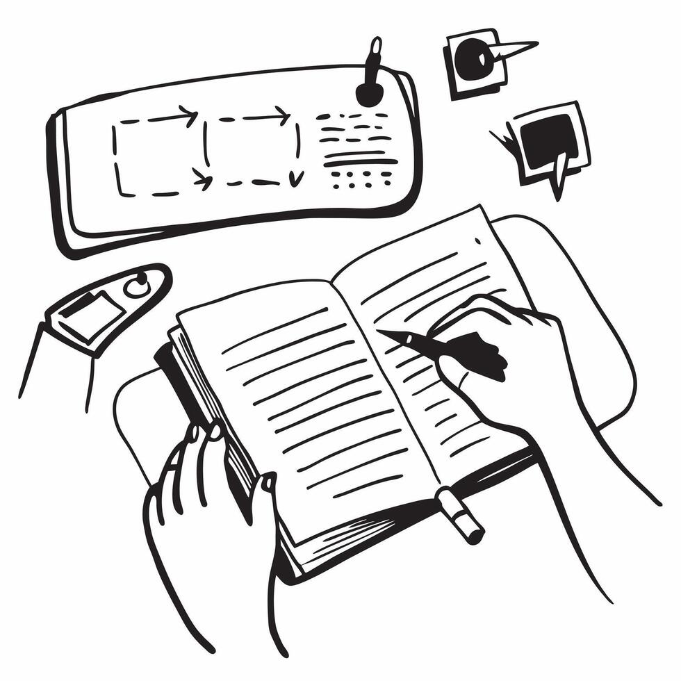 Person with Glossy Notebook Planning Tasks concept as A person planning tasks in a glossy notebook emphasizing organization and productivity in remote work Camera angle captures a pure Set 4 vector