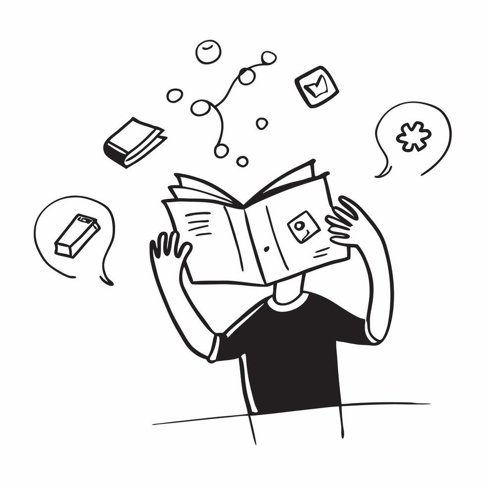 Person with Magic Book and Floating Learning Icons concept as A person holding a magic book with floating learning icons set against a blank background offering space for text or g pure vector
