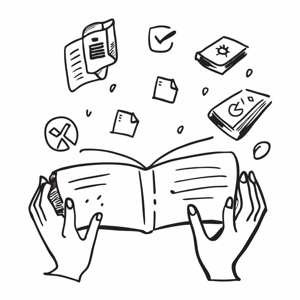 Person with Magic Book and Floating Learning Icons concept as A person holding a magic book with floating learning icons set against a blank background offering space for text or g pure Set 2 vector