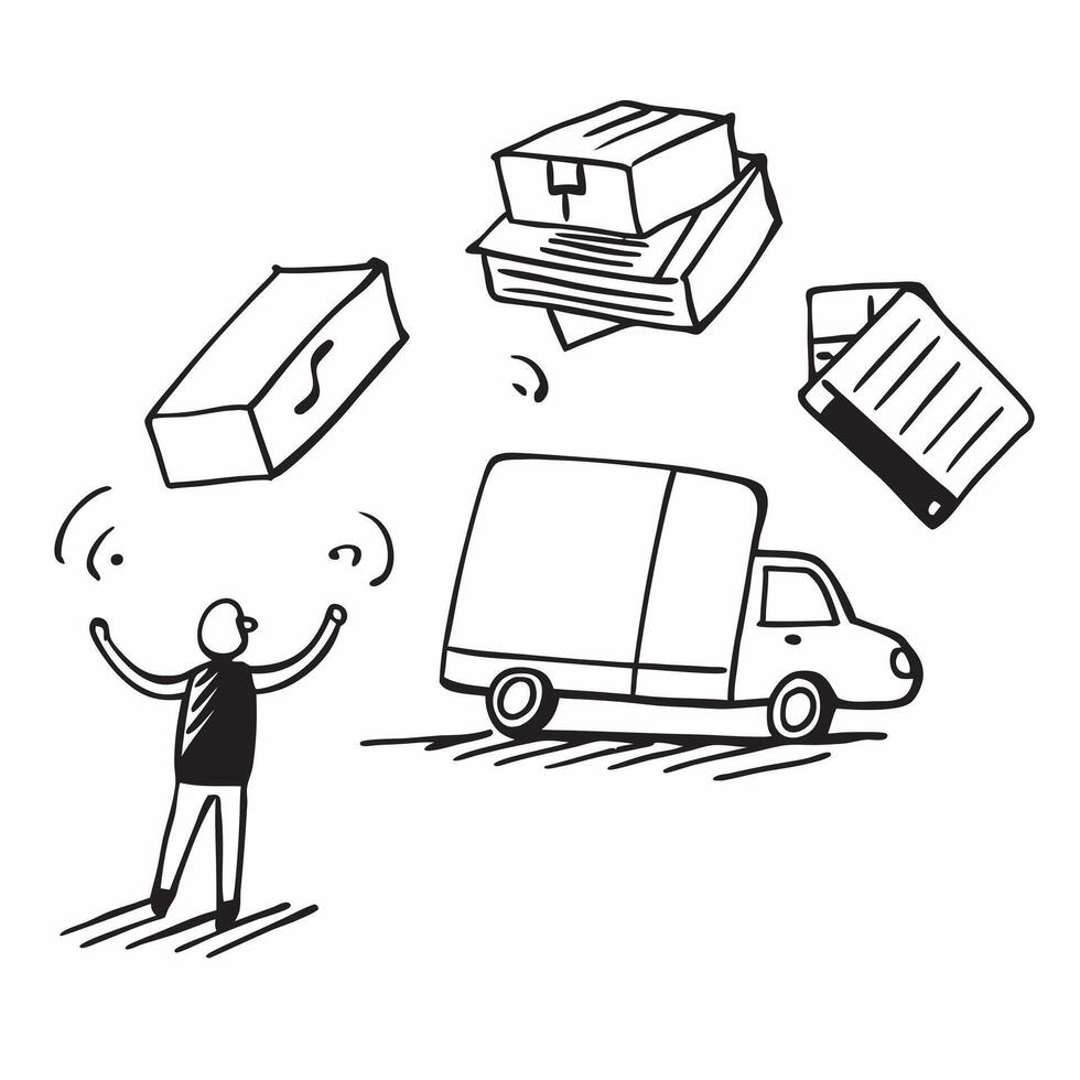 Person with Magic Delivery Van and Packages concept as A person standing next to a magic delivery van with floating packages set against a clean background offering space for text pure Set 2 vector