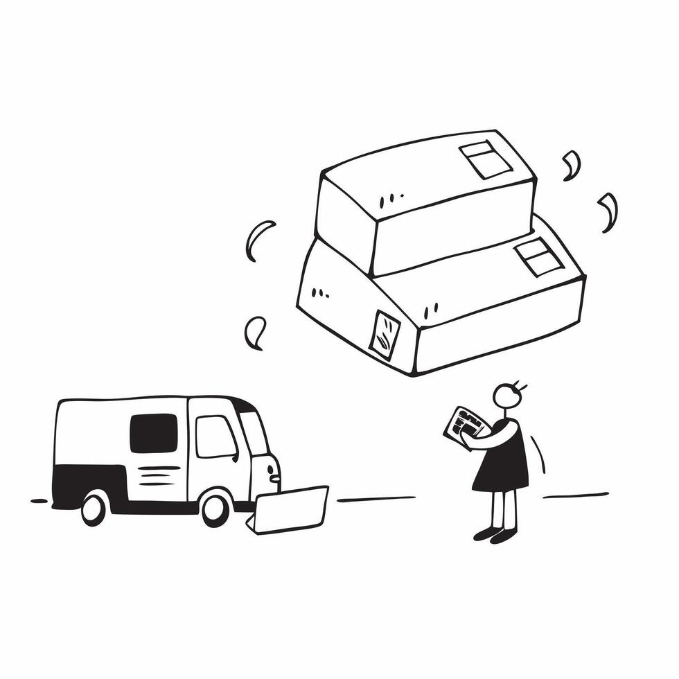 Person with Magic Delivery Van and Packages concept as A person standing next to a magic delivery van with floating packages set against a clean background offering space for text pure vector