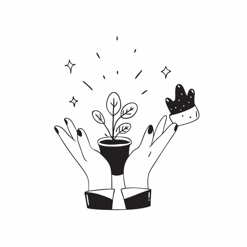 Person with Magic Garden Tools and Floating Plants concept as A person holding magic garden tools with floating plants set against a blank background offering space for text or gra pure vector
