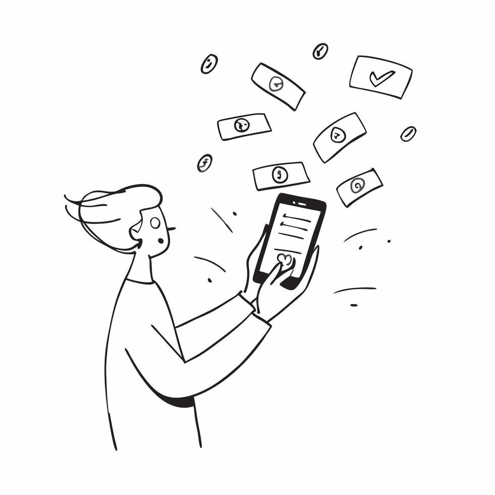 Person with Magic Phone and Floating Messages concept as A person holding a magic phone with floating messages set against a clean background providing space for text or graphics s pure vector