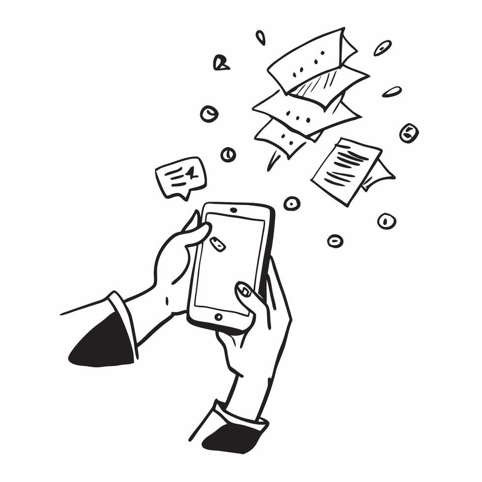 Person with Magic Phone and Floating Messages concept as A person holding a magic phone with floating messages set against a clean background providing space for text or graphics s pure Set 2 vector