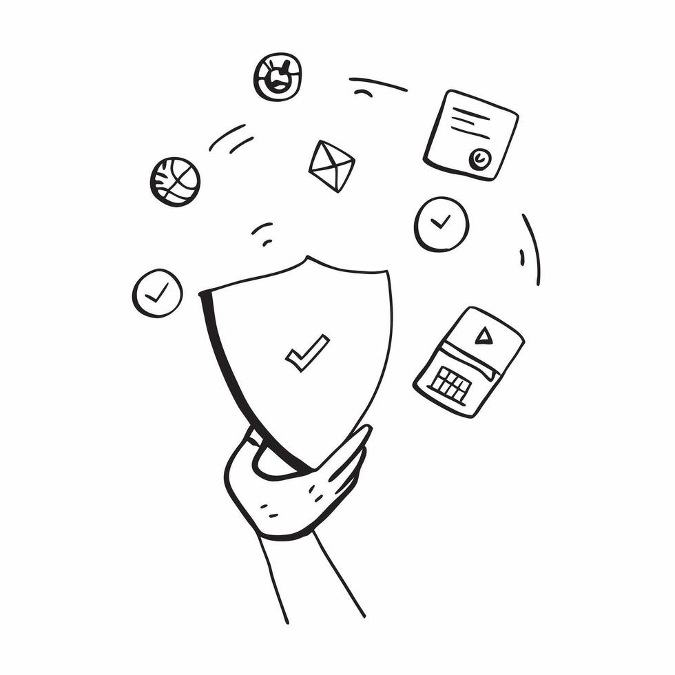 Person with Magic Shield and Floating Security Icons concept as A person holding a magic shield with floating security icons set against a clean background providing space for text pure vector