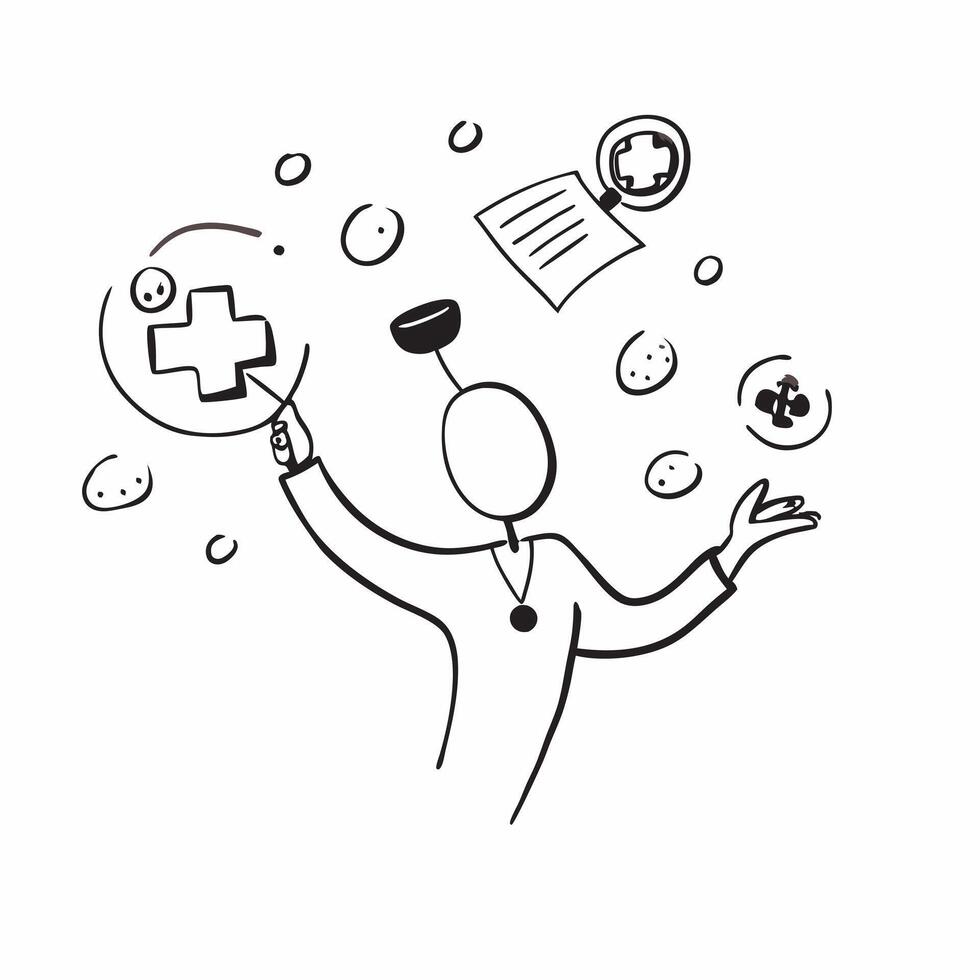 Person with Magic Stethoscope and Floating Medical Symbols concept as A person holding a magic stethoscope with floating medical symbols set against a clean background providing sp pure vector