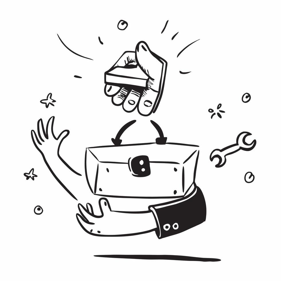Person with Magic Toolbox and Floating Wrenches concept as A person holding a magic toolbox with floating wrenches set against a blank background providing space for text or graphi pure Set 2 vector