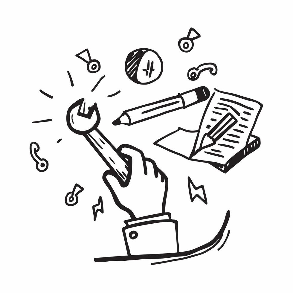 Person with Magic Tools and Floating Wrenches concept as A person holding magic tools with floating wrenches set against a blank background offering space for text or graphics symb pure Set 2 vector