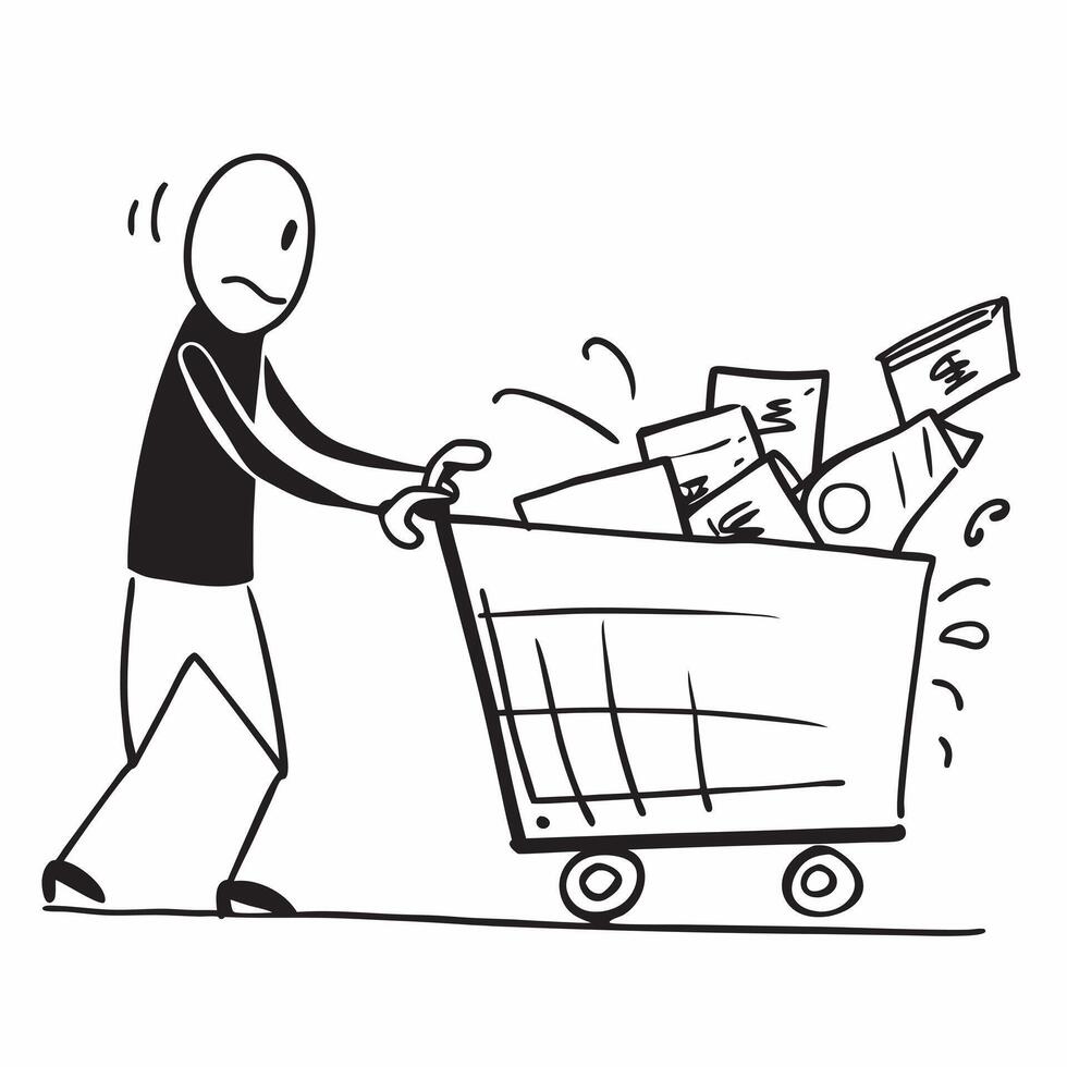 Person with Shopping Cart and Groceries for Retail Service concept as A person pushing a shopping cart filled with groceries set against a blank background providing space for text pure vector