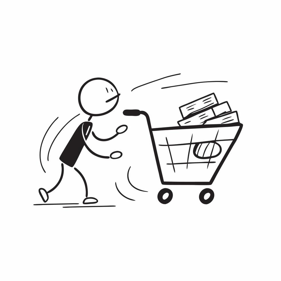 Person with Shopping Cart and Groceries for Retail Service concept as A person pushing a shopping cart filled with groceries set against a blank background providing space for text pure Set 3 vector