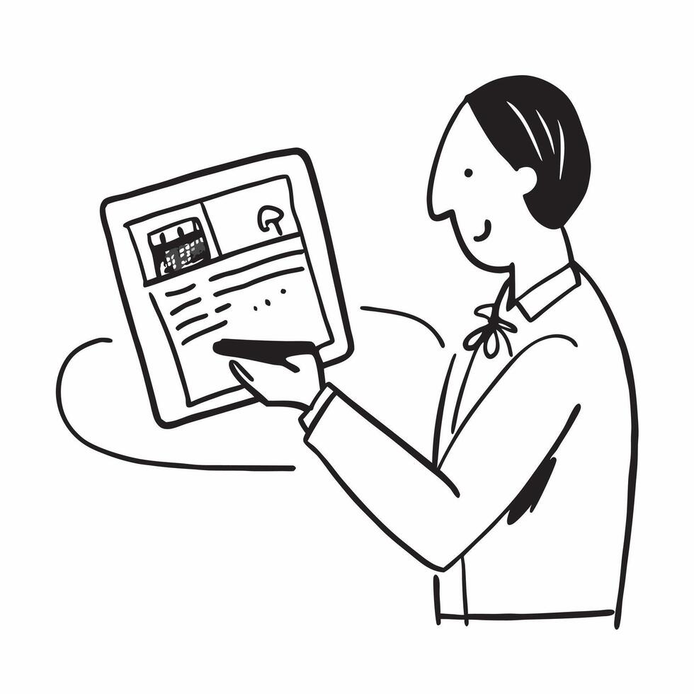 Person with Tablet and Booking System for Hospitality Service concept as A person using a tablet with a booking system set against a blank background providing space for text or gr pure vector