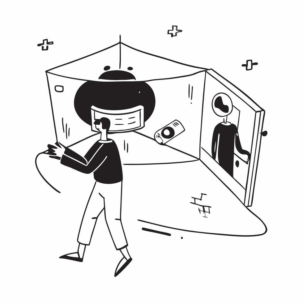 Person with VR Headset in Glossy Room concept as A person wearing a VR headset in a glossy futuristic room representing immersive technology in remote work Camera angle captures t pure vector