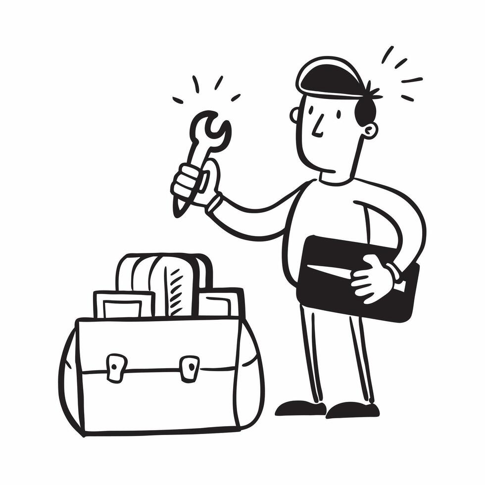 Person with Wrench and Toolbox for Automotive Service concept as A person holding a wrench and toolbox set against a clean background offering space for text or graphics symbolizin pure Set 5 vector
