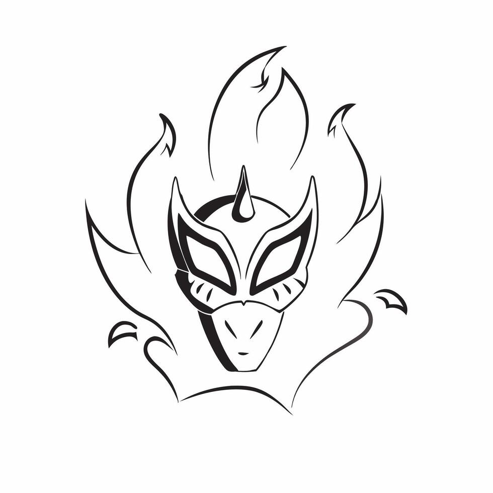 Ravana Mask and Flames concept as Abstract of Ravanas mask with flames surrounding it isolated on a white background symbolizing the fiery nature of the villain in the Dusse pure vector
