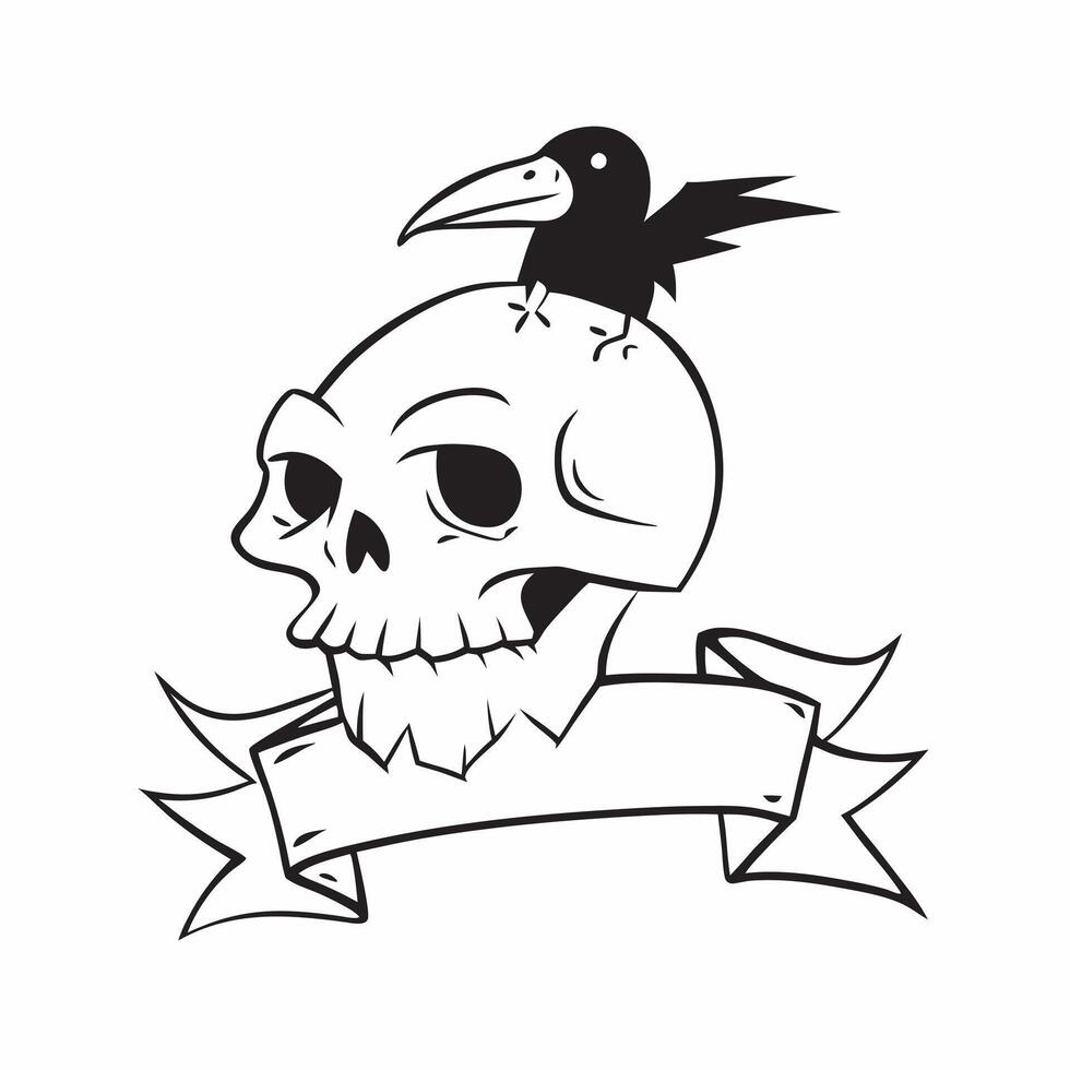 Raven and Skull with Beware Text concept as An isolated featuring a raven perched on a skull with the word Beware in a bold gothic font The elements are set against a white pure vector