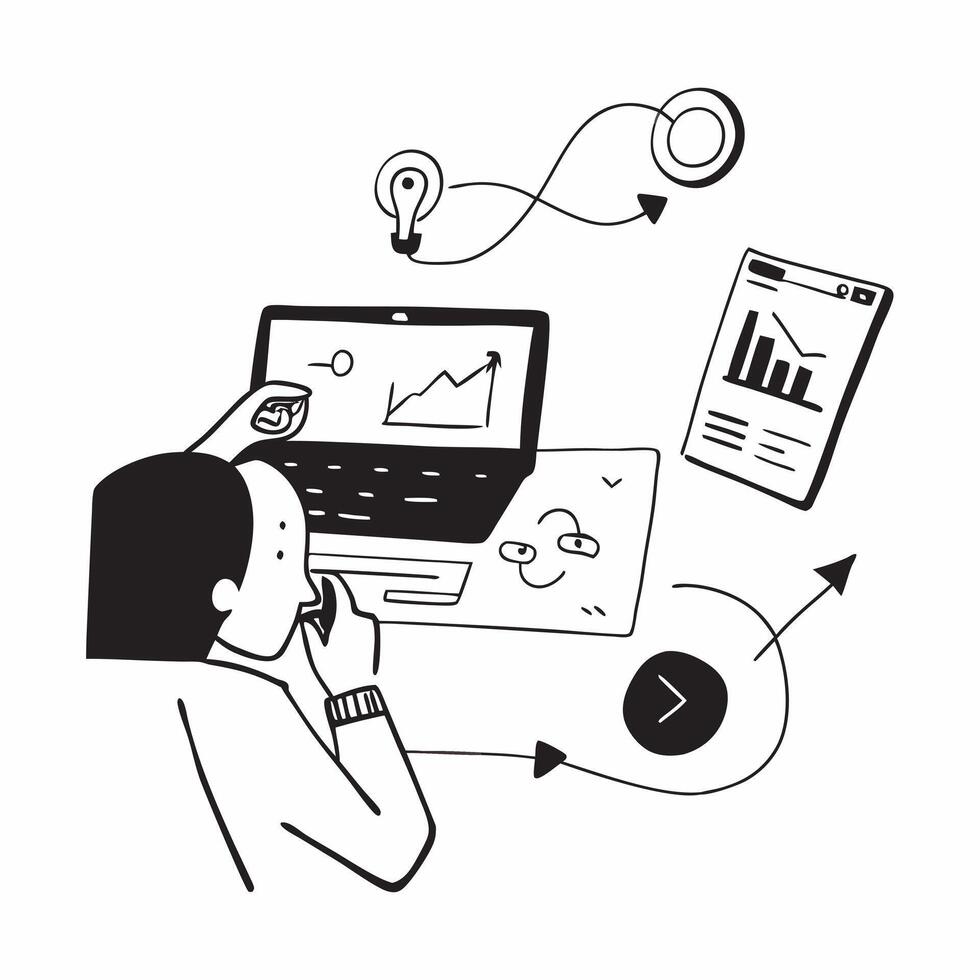 Research analyst working on data in a glossy flexible workspace concept as Camera movement Pan across the analyst screen as they analyze data Scene A sophisticated and professiona pure vector