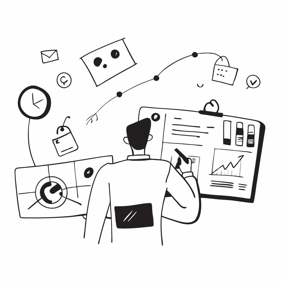 Research analyst working on data in a glossy flexible workspace concept as Camera movement Pan across the analyst screen as they analyze data Scene A sophisticated and professiona pure Set 2 vector