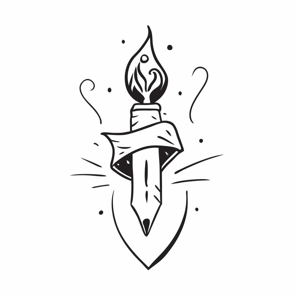 Sacred Fire and Sword concept as Abstract of a sword with a sacred fire burning around it isolated on a white background symbolizing purity and power in the Dussehra festiva pure vector