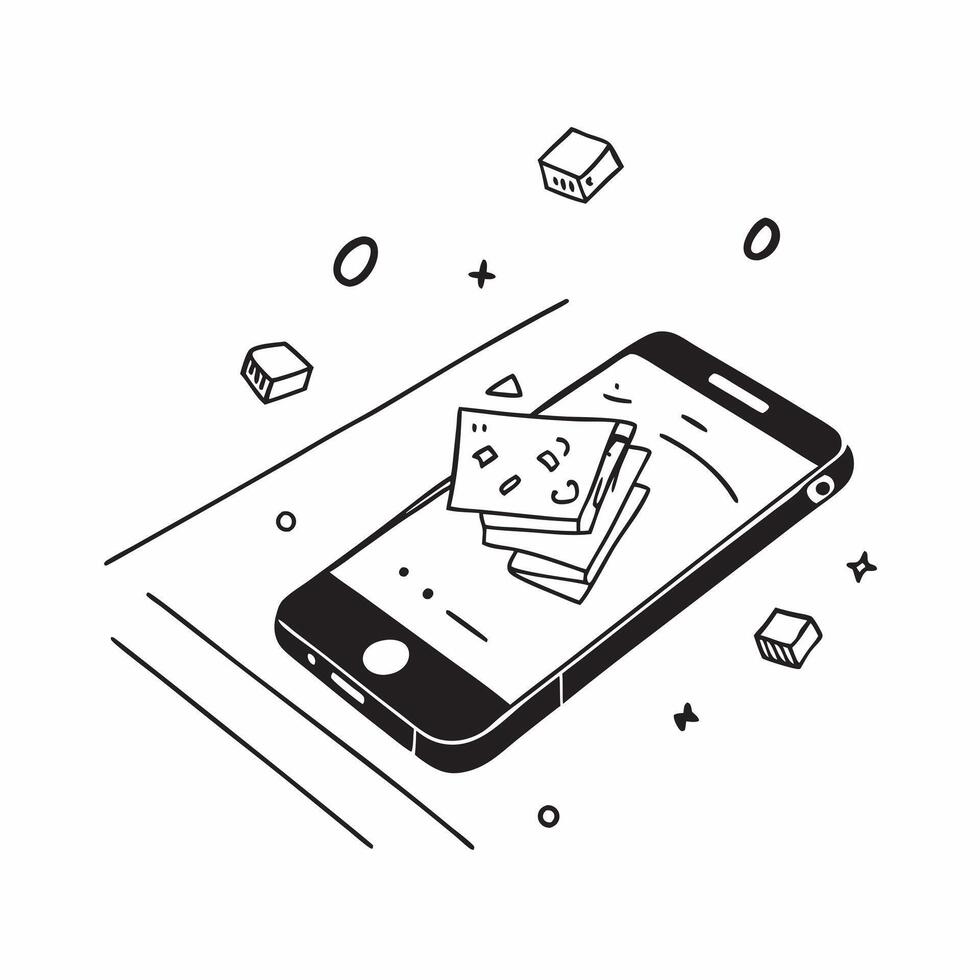Smartphone with holographic app icons hovering above copy space below concept as A high angle shot of a sleek smartphone with holographic app icons floating just above the screen pure vector