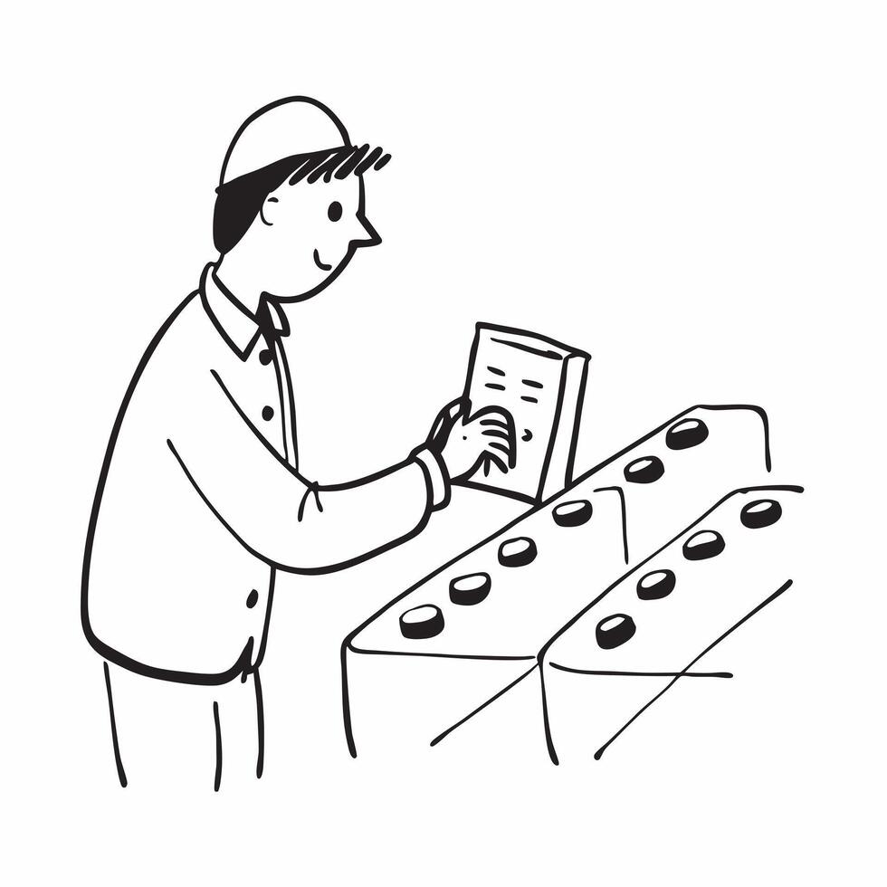 Supervisor candidly inspecting quality control in a production line concept as A candid shot of a supervisor inspecting quality control on a production line The camera captures th pure vector