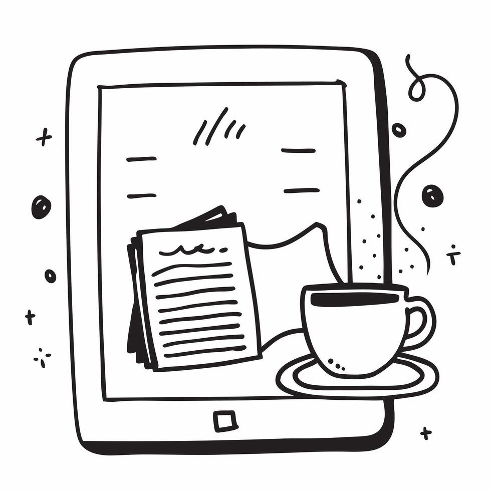 Tablet and coffee mug with Morning Routine text in a border frame with copy space concept as Camera movement Zoom into the tablet and coffee mug with text Scene Relaxed and modern pure Set 2 vector