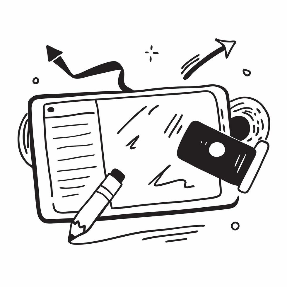 Tablet and stylus with Work From Anywhere text in a border frame with copy space concept as Camera movement Pan across the tablet and stylus focusing on the text Scene Sleek and m pure Set 2 vector