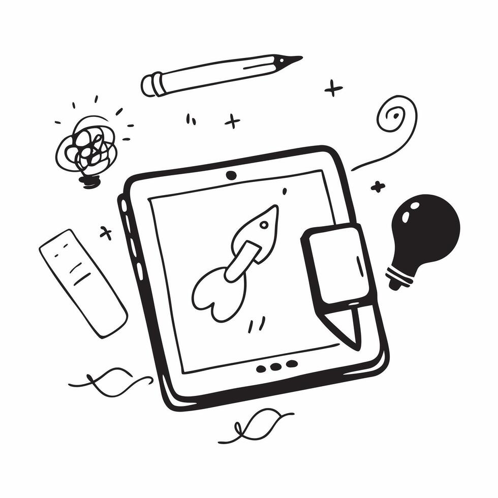 Tablet with holographic brainstorming tools and copy space isolated on white balance concept as Camera movement Focus on the tablet screen displaying glowing holographic brainstorm pure vector