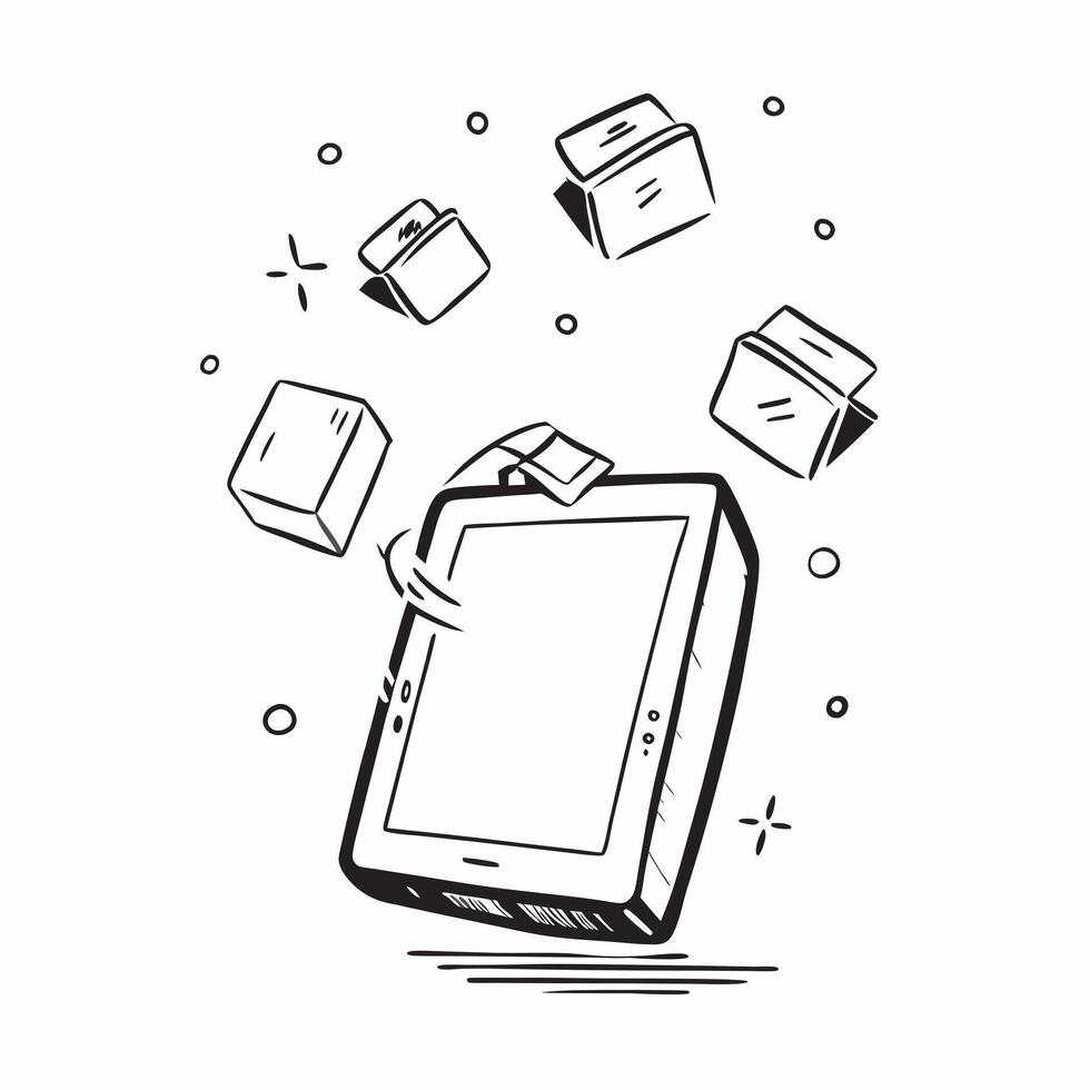 Tablet with Holographic Gift Boxes concept as Vertical shot of a tablet standing upright on a white surface surrounded by floating holographic gift boxes creating a dynamic Black F pure vector