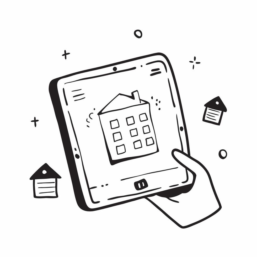 Tablet with Holographic Home Office Icon and Calendar Icon concept as A photo featuring a tablet with a glossy glowing holographic home office icon and calendar icon The objects a pure Set 3 vector
