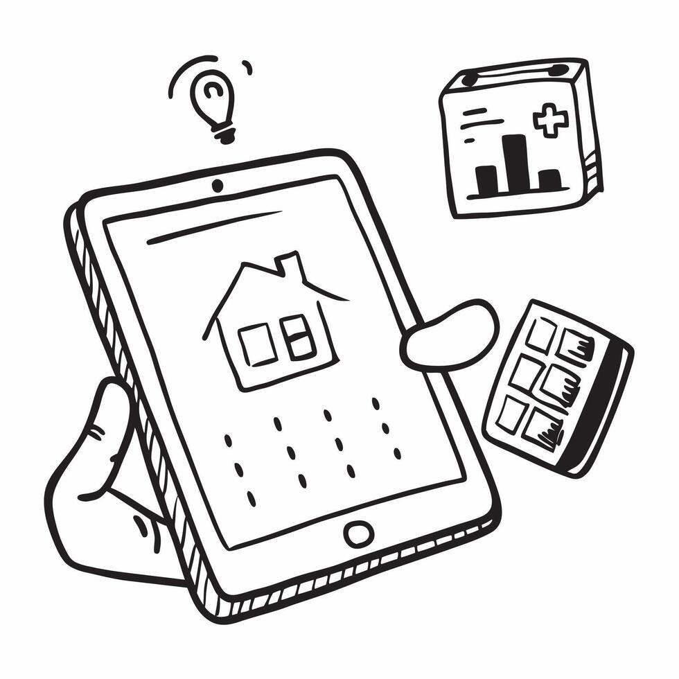 Tablet with Holographic Home Office Icon and Calendar Icon concept as A photo featuring a tablet with a glossy glowing holographic home office icon and calendar icon The objects a pure vector