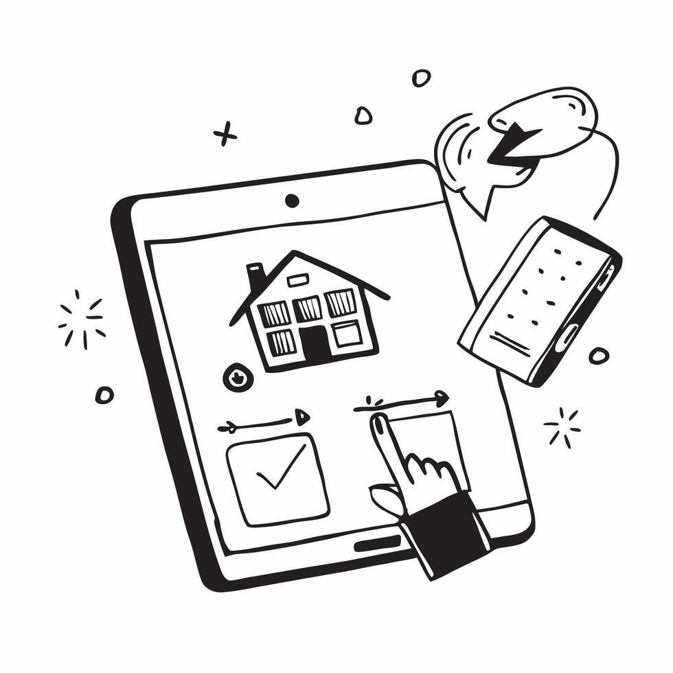 Tablet with Holographic Home Office Icon and Calendar Icon concept as A photo featuring a tablet with a glossy glowing holographic home office icon and calendar icon The objects a pure Set 4 vector