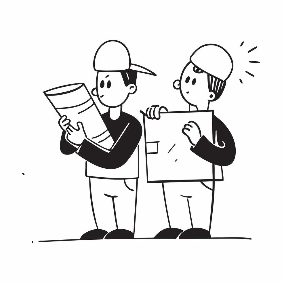 Two Builders with Tools and Blueprints concept as Two builders holding tools and blueprints set against a clean background offering ample space for text or graphics symbolizing eff pure Set 3 vector