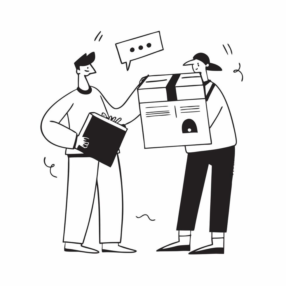 Two Couriers with Parcels and Delivery Trucks concept as Two couriers holding parcels with a delivery truck in the background set against a clean background offering ample space fo pure vector