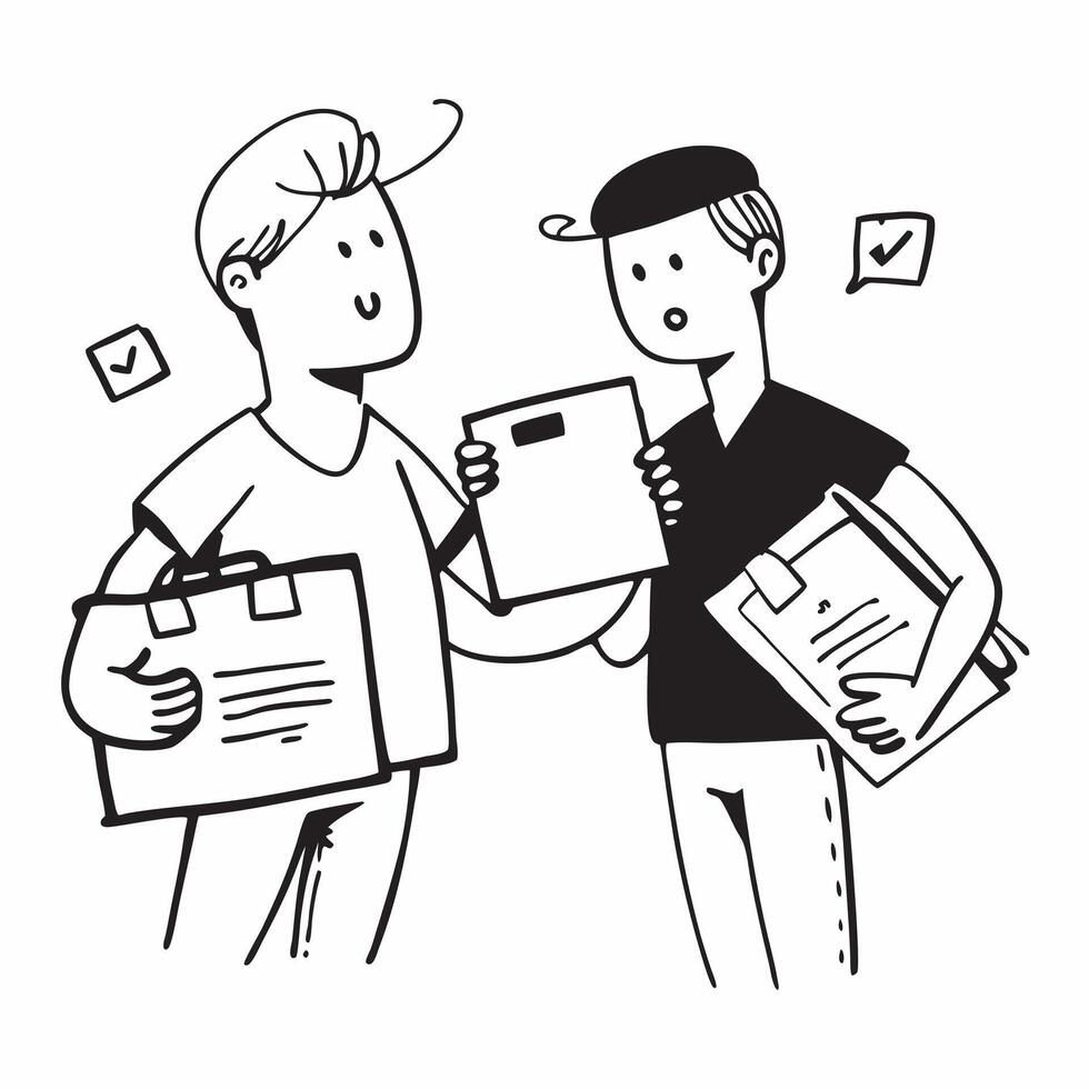 Two Couriers with Delivery Boxes and Clipboards concept as Two couriers holding delivery boxes and clipboards set against a clean background offering ample space for text or graphi pure vector