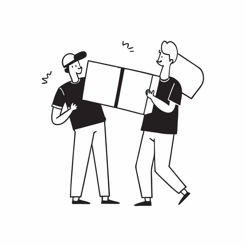 Two Couriers with Parcels and Delivery Trucks concept as Two couriers holding parcels with a delivery truck in the background set against a clean background offering ample space fo pure Set 3 vector
