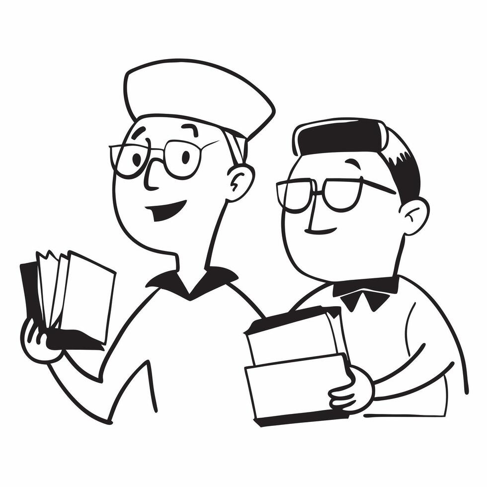 Two Librarians with Books and Reading Glasses concept as Two librarians holding books and wearing reading glasses set against a clean background offering ample space for text or gr pure vector