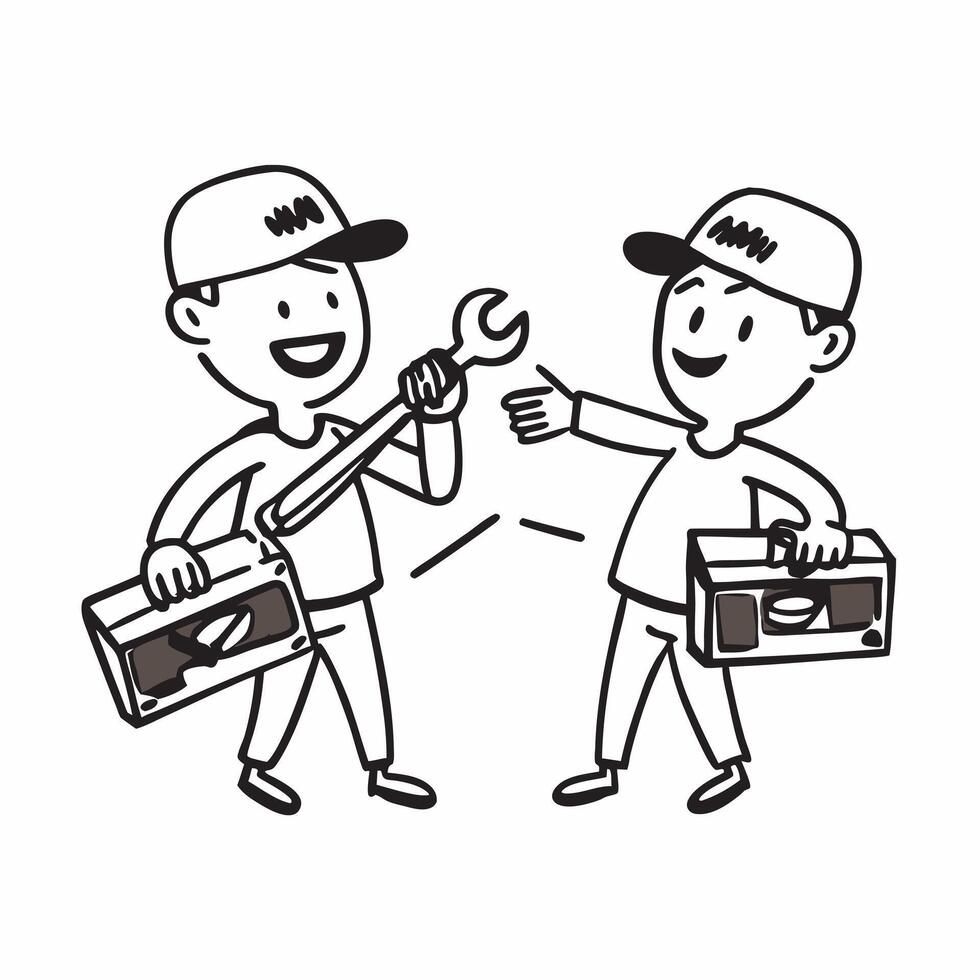 Two Mechanics with Wrenches and Toolboxes concept as Two mechanics holding wrenches and toolboxes set against a clean background offering ample space for text or graphics symbolizi pure vector