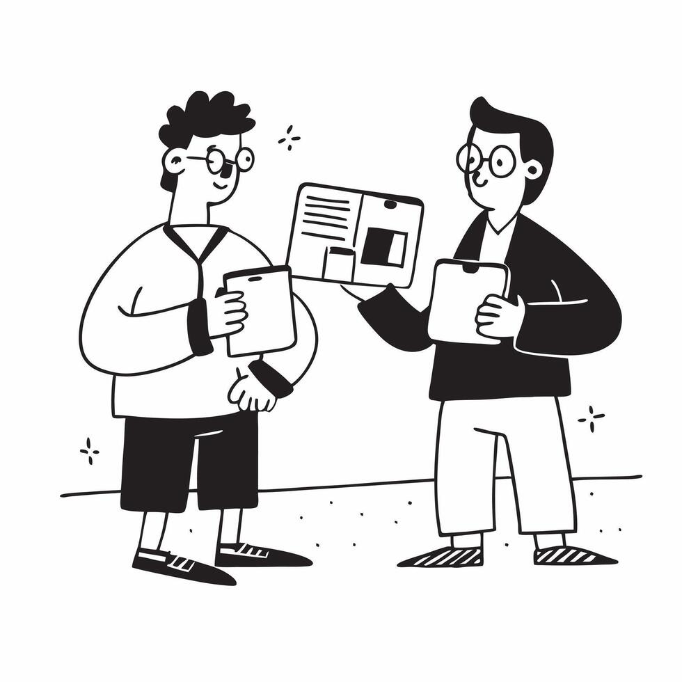 Two Office Assistants with Coffee Cups and Laptops concept as Two office assistants holding coffee cups and using laptops set against a clean background offering ample space for te pure vector