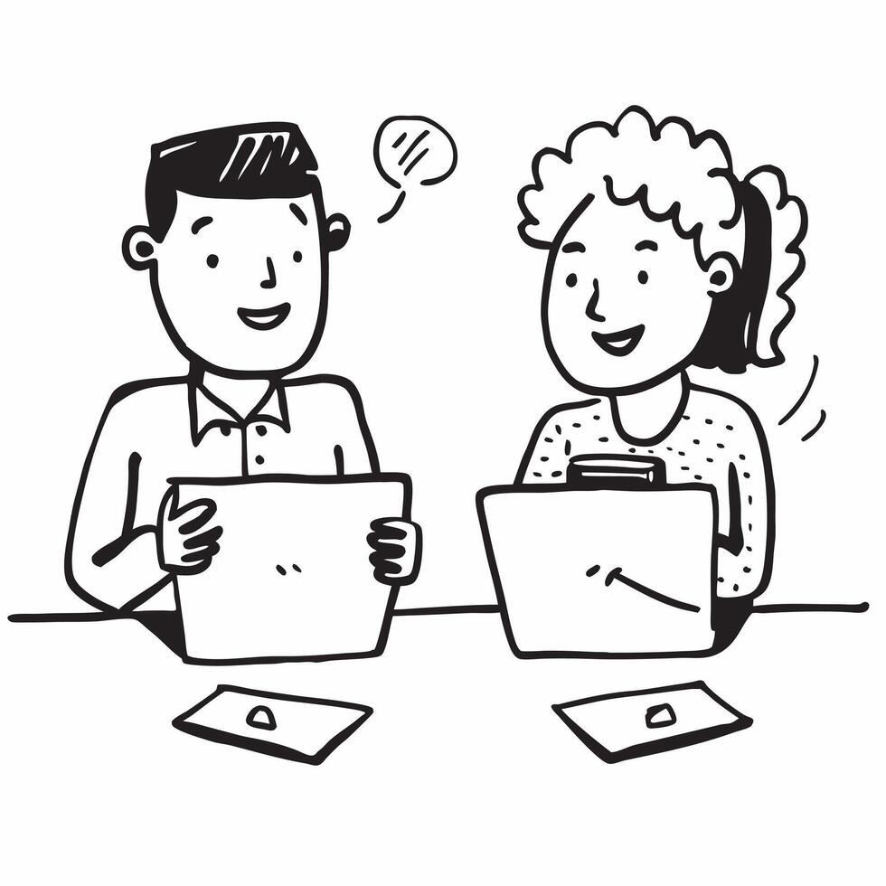 Two Office Assistants with Coffee Cups and Laptops concept as Two office assistants holding coffee cups and using laptops set against a clean background offering ample space for te pure Set 4 vector