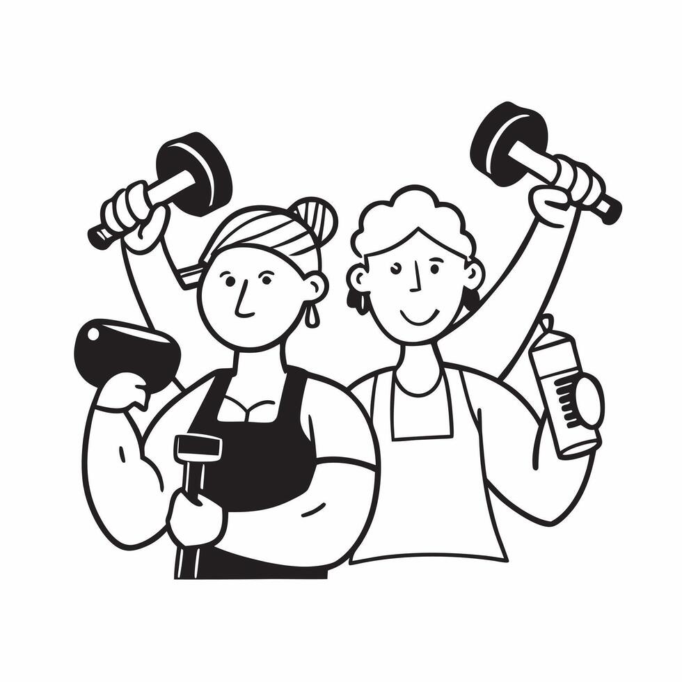 Two Personal Trainers with Barbells and Water Bottles concept as Two personal trainers holding barbells and water bottles set against a clean background offering ample space for te pure Set 4 vector