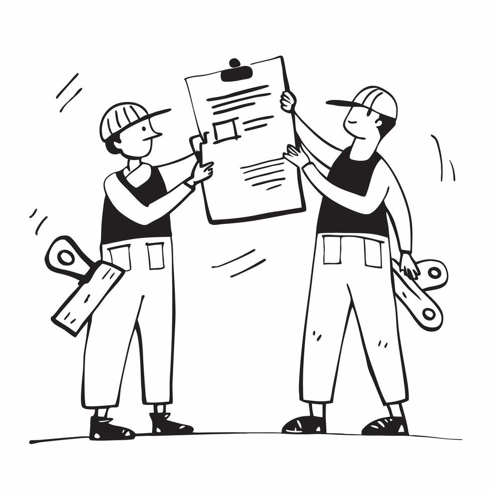 Two Technicians with Tools and Clipboard concept as Two technicians holding tools and a clipboard set against a clean background offering ample space for text or graphics symbolizi pure vector