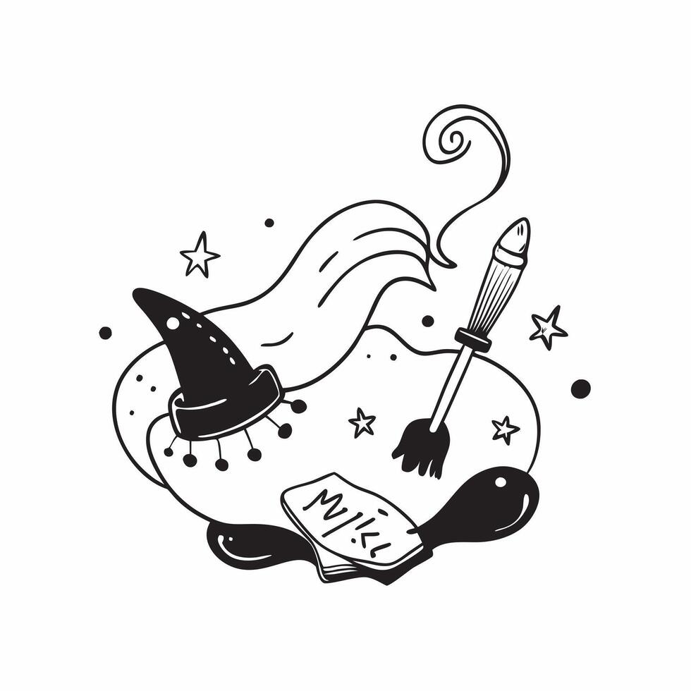 Witchs Broom and Cat with Mystic Text concept as An isolated featuring a witchs broom with a black cat sitting beside it and the word Mystic in a mysterious font The elemen vector
