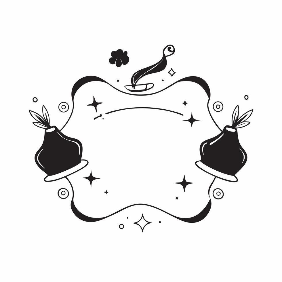Witch Hat and Cauldron Border with Magic Text concept as A mystical border frame featuring witch hats and cauldrons at the corners with the word Magic in a swirling enchanted font vector